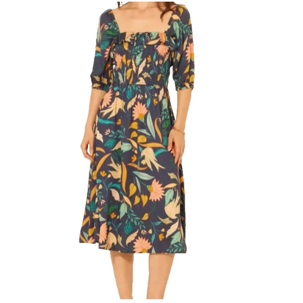 Anthropologie Bila Floral Midi Dress M Smocked Puff Sleeve Boho Cottagecore NWT